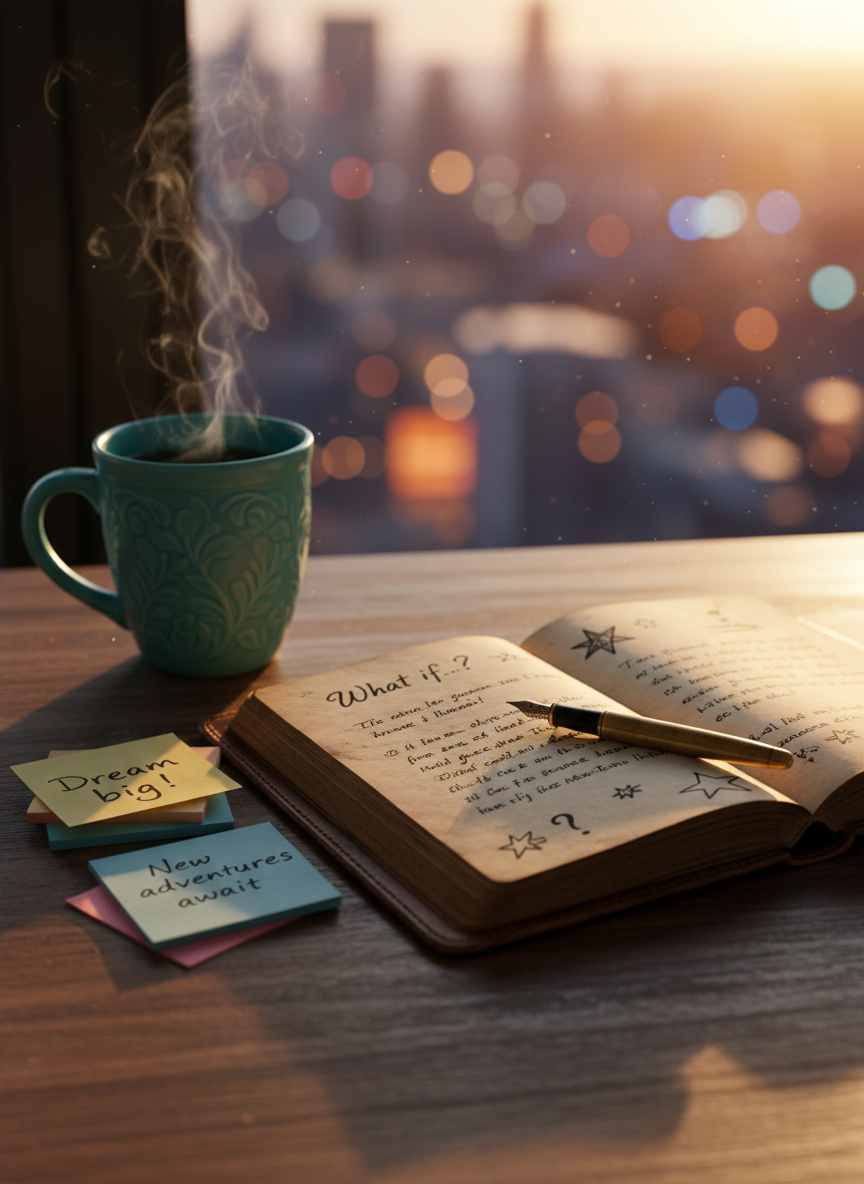 A cozy wooden writing desk with a well-worn, leather-bound book opened at the center, its yellowed pages filled with handwritten reflections and tiny doodles of stars and question marks. Beside it rests a steaming mug of herbal tea in a playful turquoise ceramic cup, and a small stack of colorful sticky notes covered in thoughtful prompts. The desk sits near a window overlooking a soft-focus city at dusk. Warm golden hour light pours in, casting gentle shadows and a welcoming glow. Photographic realism, eye-level composition with a shallow depth of field, emphasizing the book and mug while the background melts into soft bokeh, creating an intimate, playful, and reflective atmosphere.