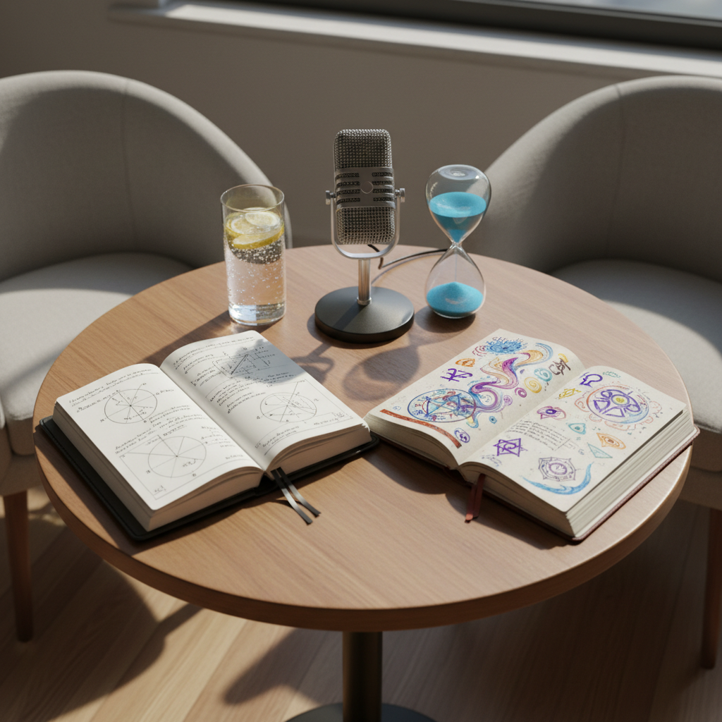 An inviting circular wooden table with two empty, plush armchairs out of frame, suggested only by the curved shadows on the floor. At the center, two distinct notebooks lie open facing each other: one with neat, structured handwriting and geometric sketches, the other filled with colorful, swirling annotations and metaphysical symbols. Between them sits a small vintage microphone and a playful hourglass with bright blue sand midway through. Soft, diffused afternoon light filters in from a nearby window, reflecting off a glass of sparkling water with lemon slices. Photographic realism from a slightly elevated angle, with balanced composition and sharp focus, creating a sense of ongoing dialogue and friendly, thoughtful exchange without showing any people.