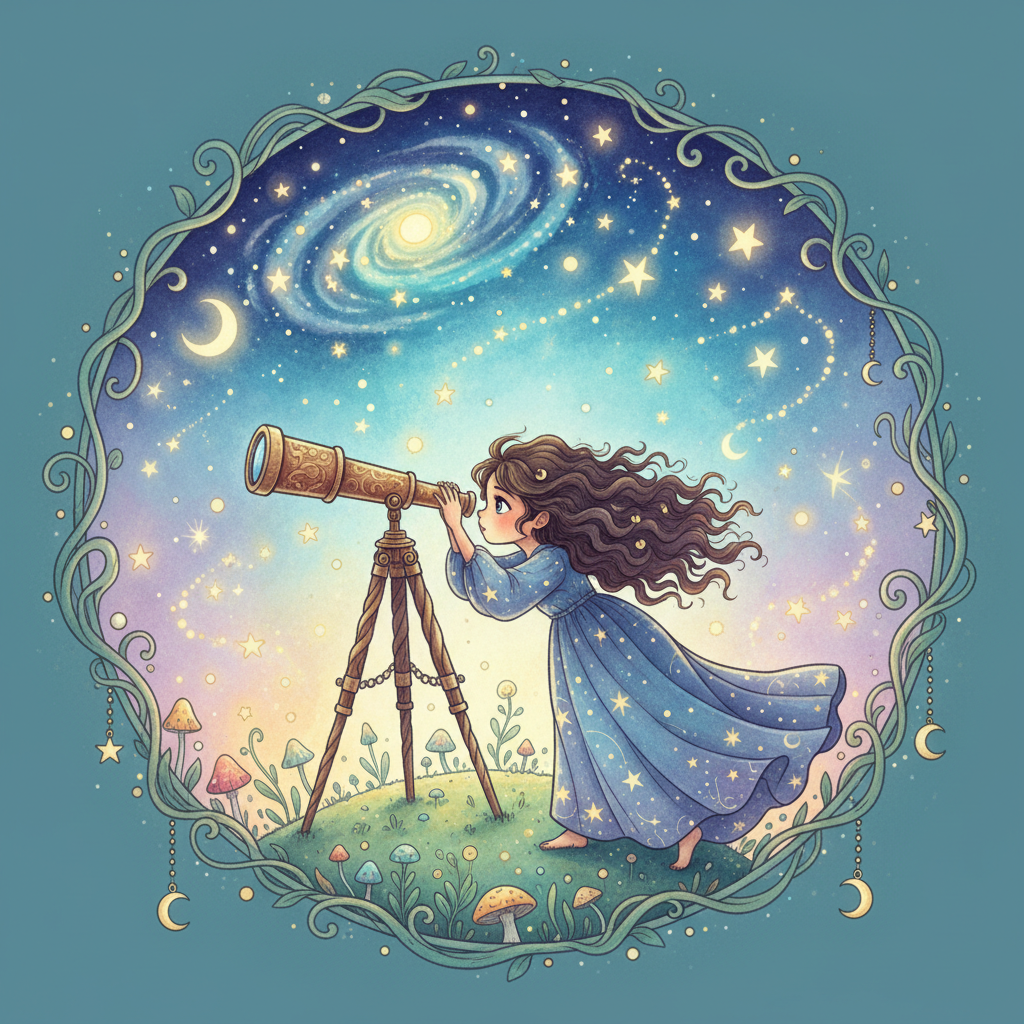 small whimsical vignette of a girl looking through a telescope at night stars dreamy illustration