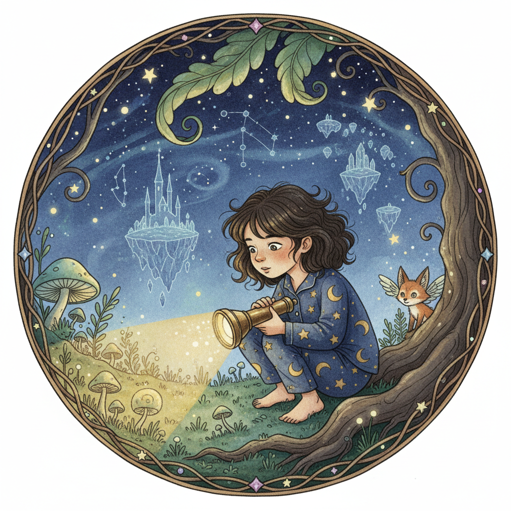 small whimsical vignette of a girl in starry pajamas exploring with a flashlight adventure illustration