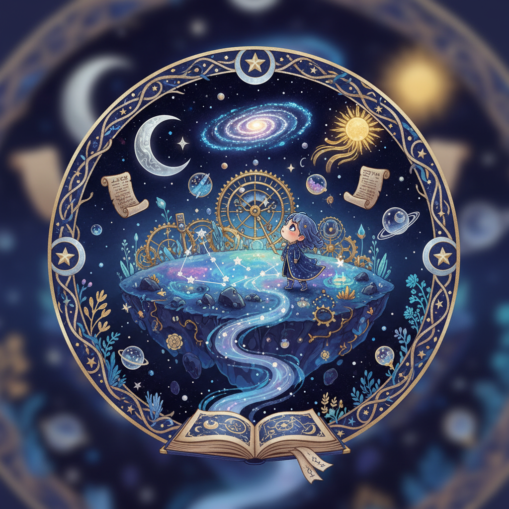 small whimsical vignette of constellations and cosmic mysteries wonder illustration