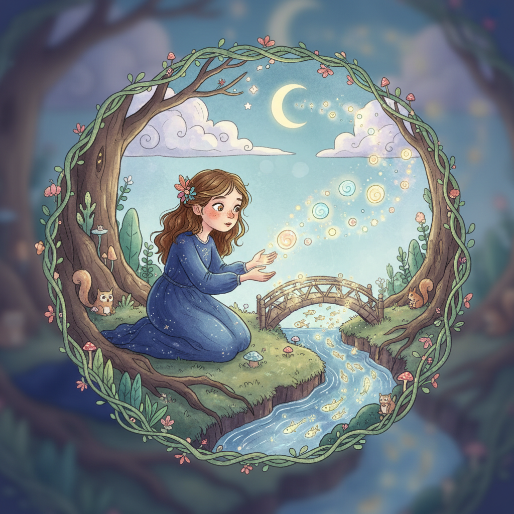 small whimsical vignette of a girl with curious eyes discovering magical moments illustration
